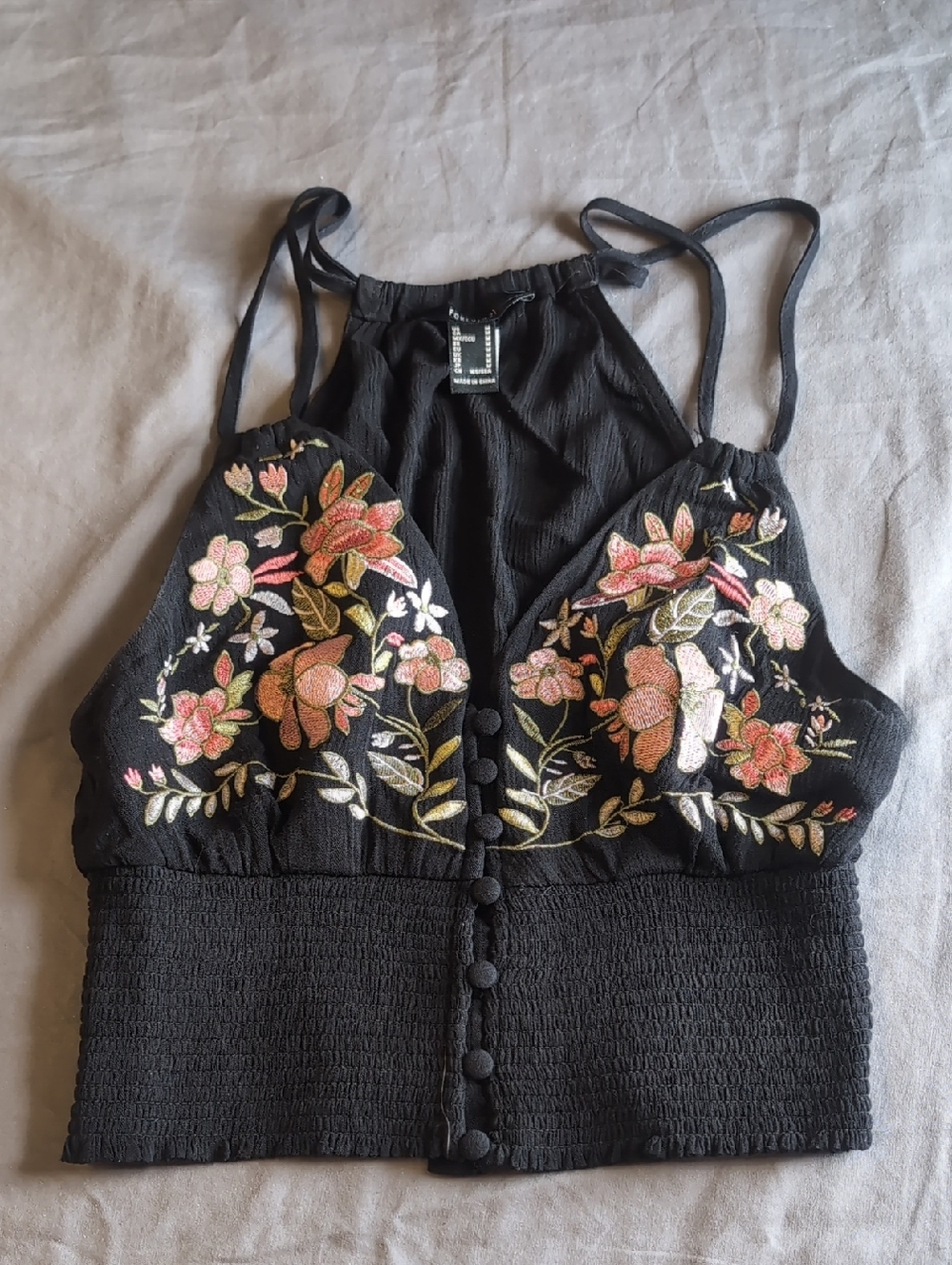 Embroidered Black Floral Crop Tank Top